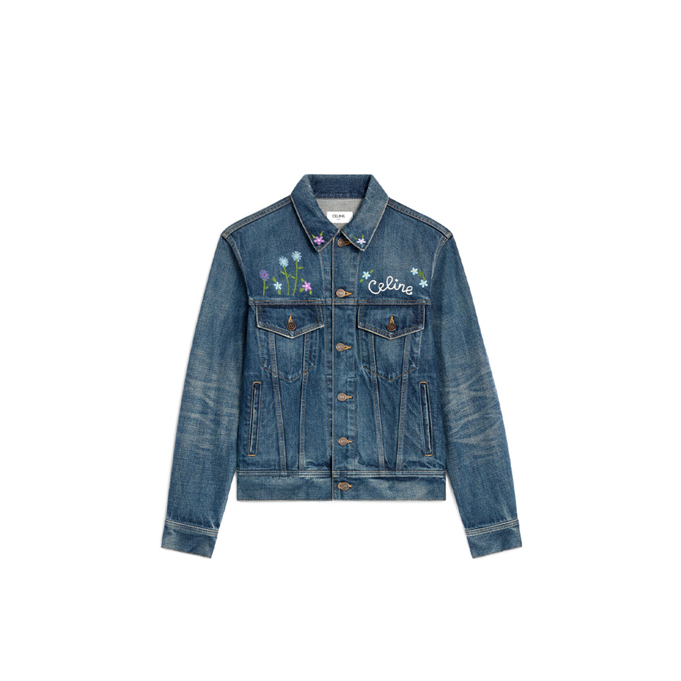 CELINE EMBROIDERED TRUCKER JACKET IN DARK UNION WASH DENIM RV0QQ930F.07DU